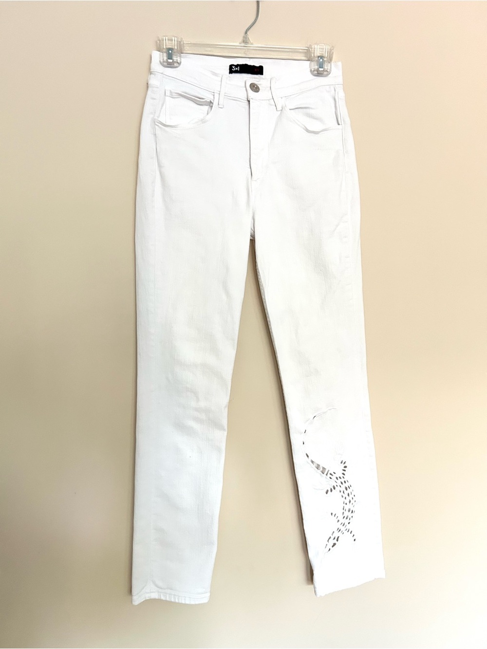 3x1 Women’s White Skinny Jeans with Laser Cut Embroidered Detail